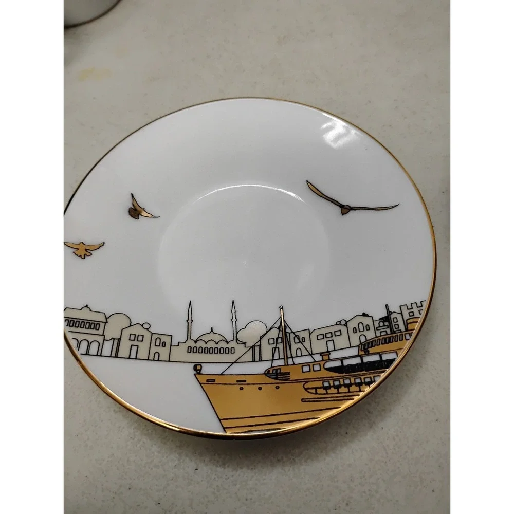 Bernardo Fine Porcelain Turkish Coffee 6 Cups 6 Saucers Skyline Birds Gold Tea